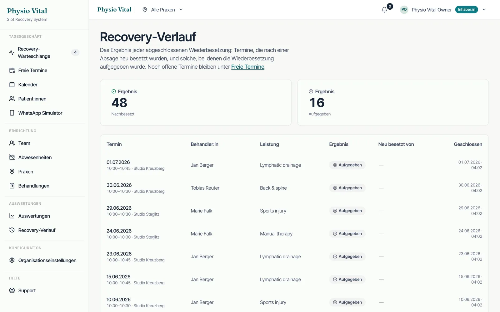 TerminJet: Recovery history