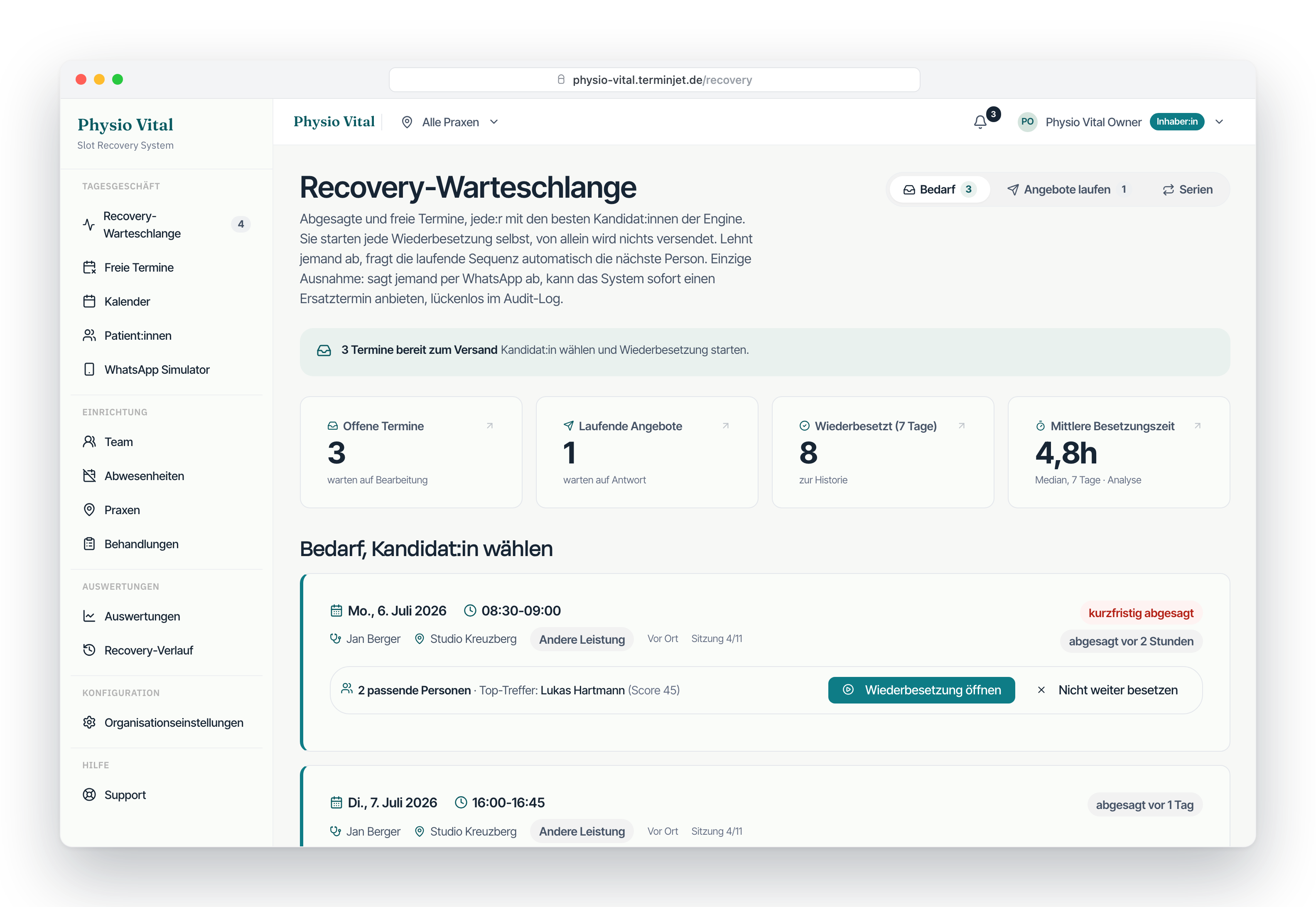 Recovery queue with KPIs and candidate cards